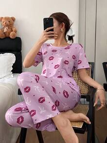 SHEIN 两件套性感少女粉色蝴蝶结和红色嘴唇印花短袖睡衣套装 - 彩色 - 查看 1