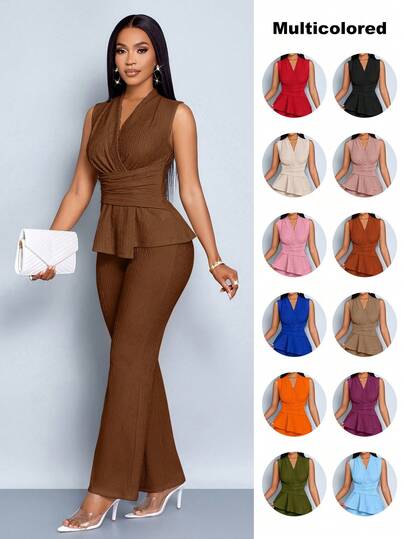 SOLERSUN Conjunto de dos piezas de camiseta de manga larga con cuello en V elegante y pantalones de pierna ancha de color albaricoque para mujer, con dobladillo asimétrico, para uso diario y casual en primavera y verano