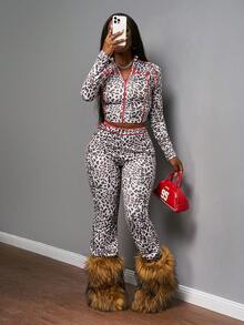 Slaydiva 2025 Autumn And Winter New Style Music Festival Holiday Western Style Nomadic Style Birthday Party Graduation Season Student Wear Daily Street Basic Versatile Casual Letter Print Zipper Neck Tight Long Sleeve Pull Sports Yoga Leopard Print Jacket And Leggings Women's Two-Pieces Set Back To School, Graduation - Multicolor - View 6