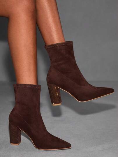 CUCCOO SZL Women's Fashionable Versatile Commuter Rhinestone Decor Chunky High Heel Ankle Boots For Christmas