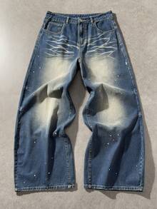 ROMWE MEN Street Life 男士撞色口袋休闲时尚阔腿牛仔裤 - 藍色 - 查看 1