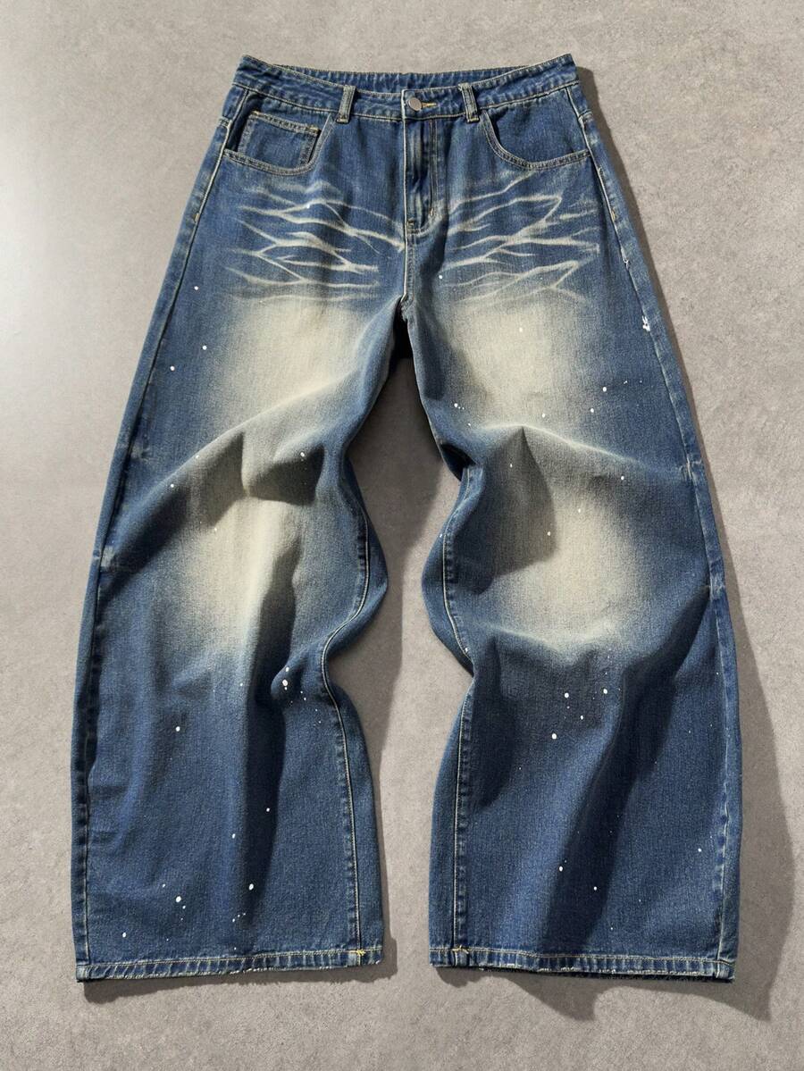 ROMWE MEN Street Life 男士撞色口袋休闲时尚阔腿牛仔裤 - 藍色 - 查看 1