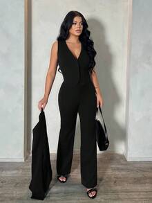 SHEIN SXY Plus Size Women 3-Piece Set: Long Sleeve Blazer, Camisole, And Pants, Sexy Outfit For Commute And Date, Deep Blue Autumn Winter Clothes For Women - Black - View 3