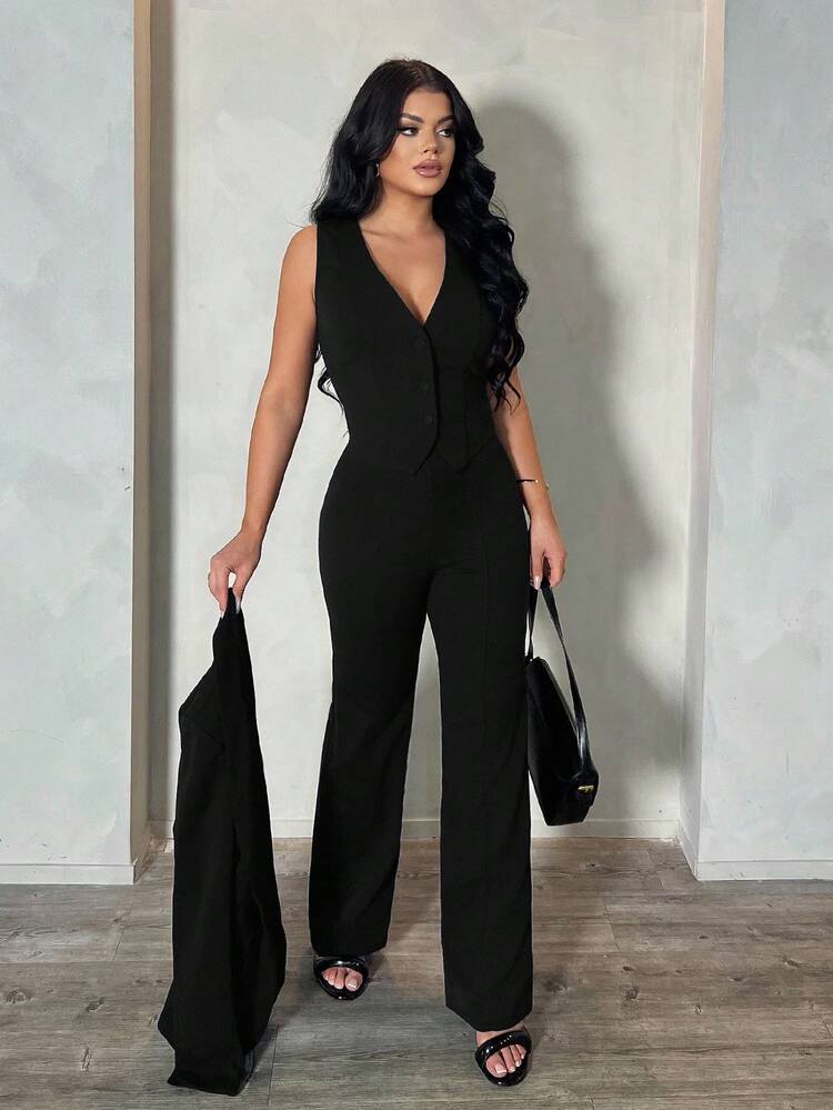 SHEIN SXY Conjunto de 3 piezas para mujer talla grande: blazer de manga larga, camiseta sin mangas y pantalones, conjunto sexy para ir al trabajo y citas, ropa de otoño e invierno color azul profundo para mujeres - Negro - Añade 3
