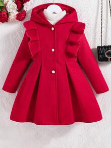 Sparklyn Girls' Red Ruffled Long Sleeve Casual Hooded Single-Breasted Overcoat