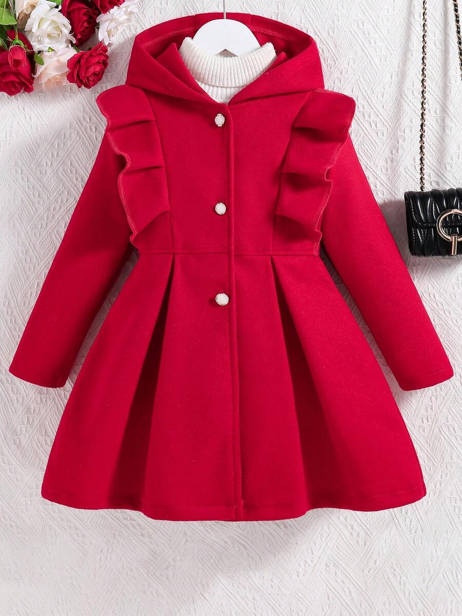 Sparklyn Girls' Red Ruffled Long Sleeve Casual Hooded Single-Breasted Overcoat