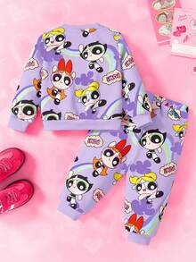 THE POWERPUFF GIRLS X SHEIN Baby Girl Cartoon Rainbow Print Cute Casual Long Sleeve Sweatshirt And Sweatpants Sports Set - Purple - View 2