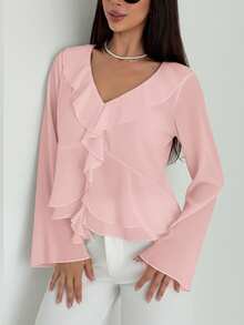 Aloruh 女士新款时尚通勤日常休闲波西米亚风荷叶边装饰深V领长袖修身衬衫 - 藕粉色 - 查看 7