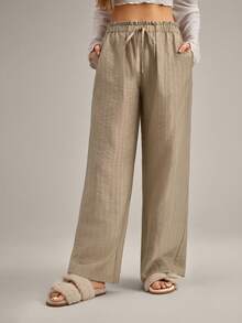 Women's Solid Color Ruffle Waist Tie Casual Pants - Apricot - View 3