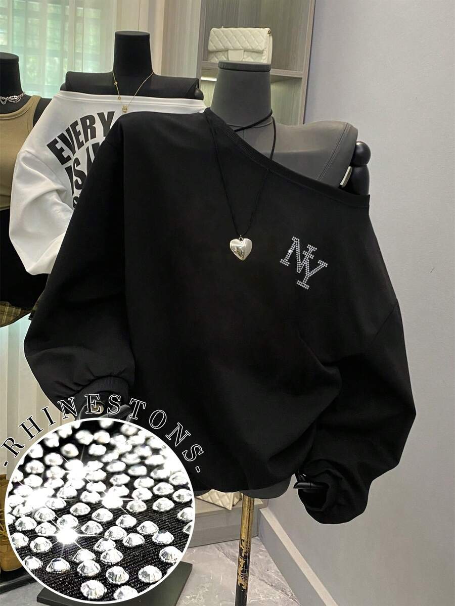 Almamuse 美国性感复古 NY 字母水钻露肩长袖卫衣，女款黑色纽约 NY 字母水钻露肩长袖卫衣，休闲宽松修身黑色上衣，优雅舒适的设计，休闲户外卫衣 - 黑色 - 查看 1