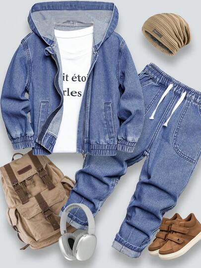 2pcs Young Boys Denim Outfit - Navy Blue Hooded Denim Jacket + Relaxed Straight Leg Denim Pants, Loose Fit, Comfortable, Vintage Washed Denim, Casual, Retro, Streetwear Style, Suitable For Daily Wear, School, Commute, Party, Halloween, New Autumn Collection