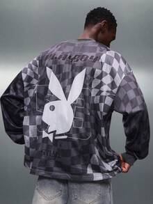 PLAYBOY X SUMWON Checkerboard Long Sleeve V-Neck Tee Bunny Logo Number 53 Jersey Tee Checkered Pattern Casual Top - Grey - View 6