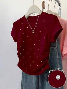 Resyla Nuovi arrivi estivi, giacca casual versatile, design grafico con strass, maglietta aderente da donna, comoda da indossare, adatta per uso quotidiano, attività all'aperto, shopping, appuntamenti - Multicolore - Visualizzare 3
