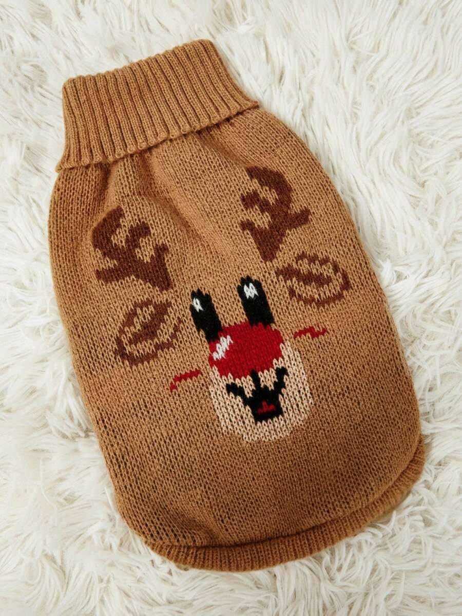 PETSIN 1 pieza Suéter navideño para mascotas, diseño clásico de reno en patrón de jacquard, cuello alto, elástico y cómodo, para gatos y perros - Multicolor - Ver 1