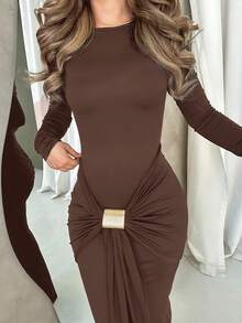 Jemour 秋冬新品女士连衣裙棕色秋季女士连衣裙圣诞派对礼服新年前夜感恩节假期长款商务休闲优雅新年服装拍摄连衣裙性感时尚风格茶会礼服 - 咖啡 - 查看 7