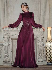 Anewsta Long Sleeve Rhinestone Embellished Dress, Elegant Mother's Day Gown For Middle Eastern Wedding Guests - Red Violet - View 1