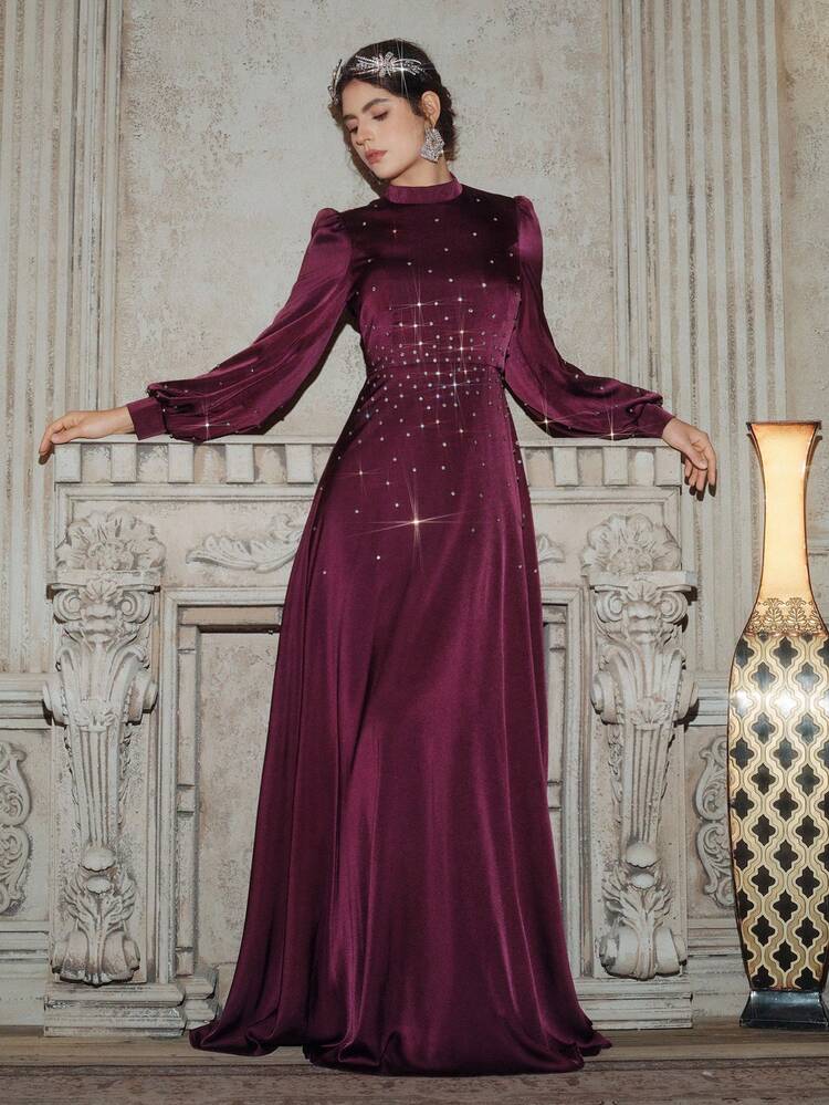 Long Sleeve Rhinestone Embellished Dress, Elegant Mother's Day Gown For Middle Eastern Wedding Guests