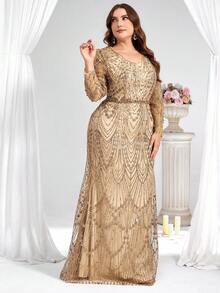 Coutiva Đầm cỡ lớn sang trọng, thanh lịch, thêu sequin, cổ chữ V, tay dài, đính ngọc trai và đá quý, thích hợp mặc mùa thu đông, dự tiệc, dạ hội, đám cưới. Đầm đính cườm, đầm trang trí, đầm vàng, đầm đính đá, đầm cao cấp cho nữ, đầm vàng nữ. - Vàng - Xem 4