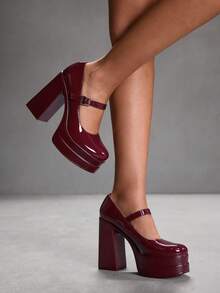 CUCCOO SZL Women's Fashion Black Mary Jane Platform Thick High Heel Pumps, Suitable For Commuting, Dating, Party, Holiday Events For Christmas - Burgundy - View 3