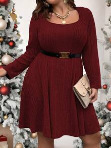 Vionelle Plus Ribbed Knit Scoop Neck Dress Without Belt Fall Cloth For Women - Burgundy - View 4