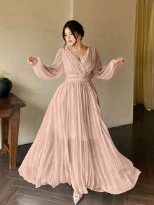 Flirla 浪漫V领露背长袖连衣裙，飘逸优雅的希腊风格白色女神礼服 - 杏色 - 查看 1