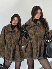 Firerie Women Elegant Autumn/Winter Fashionable Brown Gradient  Fluffy Faux Fur Jacket,Faux Fur Collar Coat/Fashionable Outerwear For Winter/Fall/Winter Street Fashion Faux Fur Jacket/Women's Winter Coat/Women's Winter Clothes/Autumn And Winter Fitted Fur Coat/Fall/Winter Fluffy Thick & Warm Loose Fit Long SleeveFaux Fur Coat For Women , Thanksgiving,Fox Fur Coat, Mid-Length Fur Jacket/Winter Clothes For Women, For Holidays, Daily Wear, Travel, Tea Party,Casual Wear For Autumn/Winter - Brown - View 4