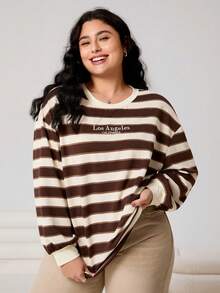 Solflare 2025秋冬新款百搭休闲日常、约会、度假、居家穿着宽松撞色圆领混色条纹刺绣英文字母长袖T恤，大码尺码 - 棕色 - 查看 4