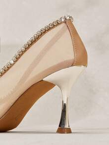 SHUZIA Women's Fashionable Sexy Point Toe Mesh Rhinestone Embellishments Pumps - Beige - View 8