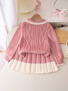 Girls Collared Twist Rope Long Sleeve Sweater Dress Set, Cute & Minimalist Style Girls Sweater Sets Girls Spring Autumn French Style Dress Girl Clothes Autumn And Winter Clothes Girl Clothes Skirt Set Girls Dress Winter Girls Winter Clothes Girls Autumn Clothes Girls French Style Dress - Pink - View 2
