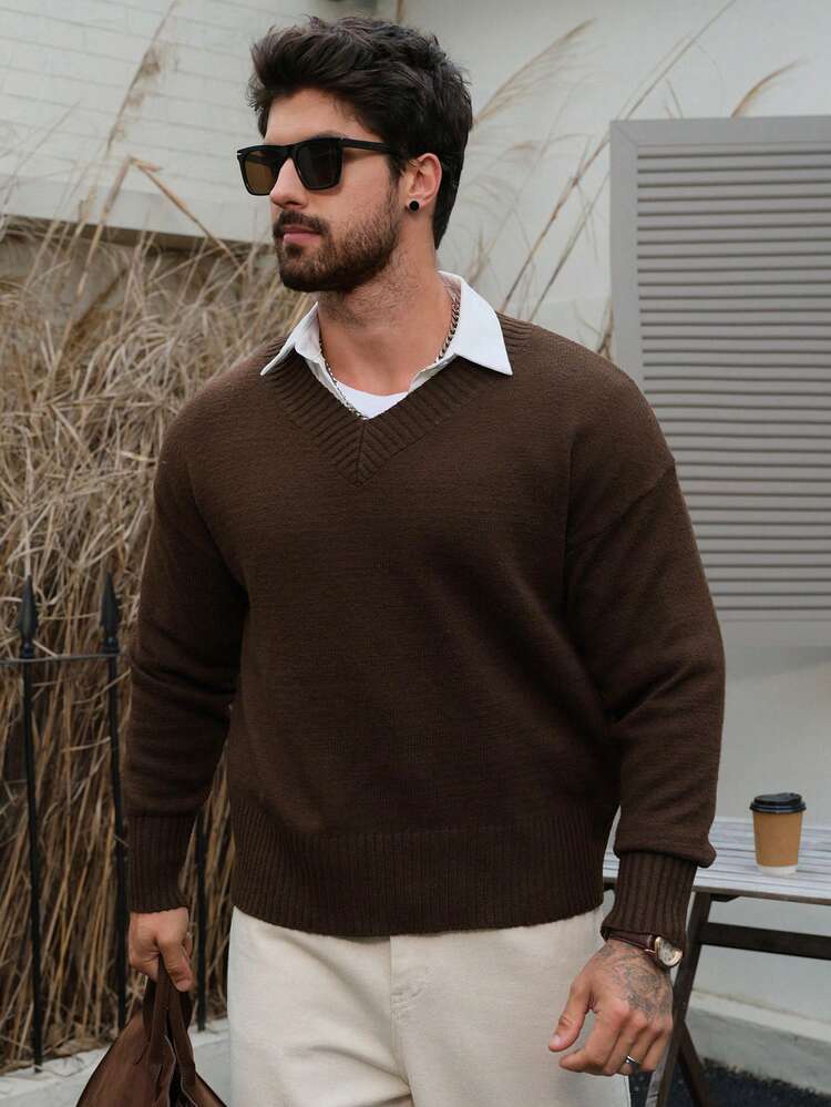 Men's V-Neck Brown Long Sleeve Casual Versatile Sweater, Autumn/Winter