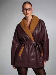 SHEIN BAE 秋冬女士时尚仿皮草大衣 - 酒紅色 - 查看 3