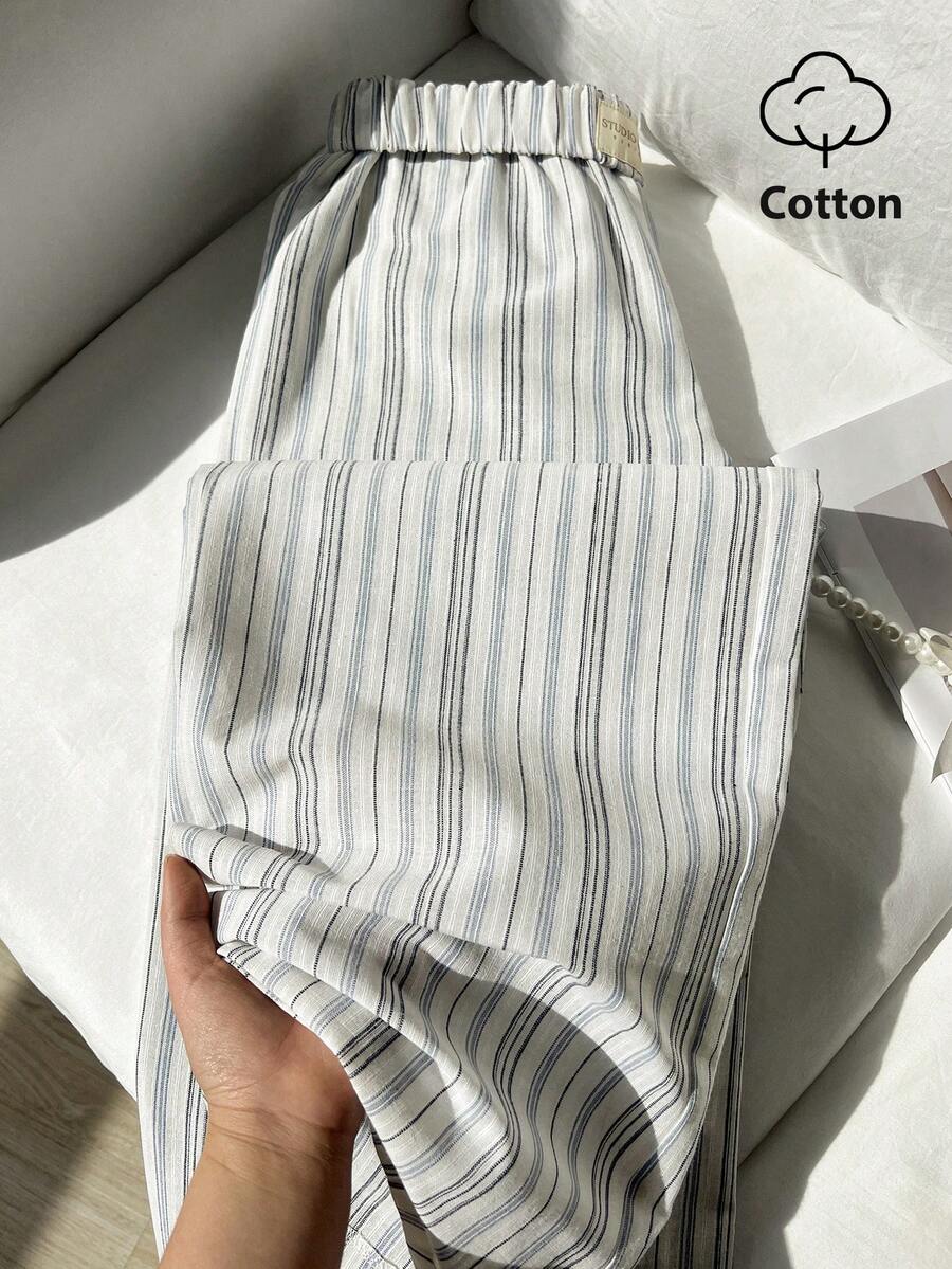 Elamini 女士条纹休闲宽松长裤，日常穿着，学院风 - 藍色 - 查看 1