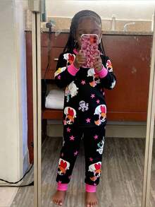 THE POWERPUFF GIRLS X SHEIN 两件套少女可爱花朵、泡泡、毛茛图案圆领插肩长袖上衣和打底裤针织休闲睡衣套装 - 黑色 - 查看 2