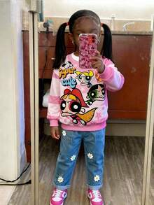THE POWERPUFF GIRLS X SHEIN Young Girl Cute Star & Cartoon Pattern Knitted Loose Crew Neck Drop Shoulder Sweatshirt, Pink - Pink - View 2