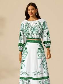 CAJUNI 女士度假休闲热带花卉印花长灯笼袖黑色圆领短款衬衫，女士长袖衬衫，女士度假装 - 綠色 - 查看 6