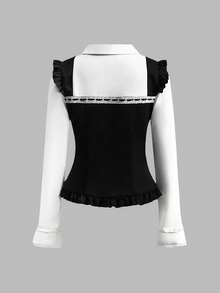 ROMWE Kawaii 可爱猫咪与音符印花领结长袖女式衬衫 - 彩色 - 查看 2