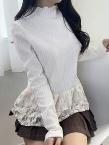 FRIFUL Women's Ruffled Collar Textured Fabric Lace Patchwork Layered Hem Long Sleeve Sweet T-Shirt - White - View 6