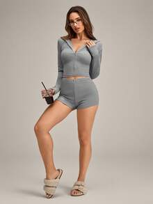 女士舒适纯色前拉链露脐上衣和短裤睡衣套装 - 淺灰色 - 查看 5