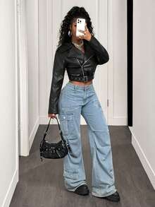 BamGleam 女士纯色翻领短款PU皮机车夹克，新年优雅女装，休闲女装，冬季女装，黑色上衣，黑色 - 黑色 - 查看 7