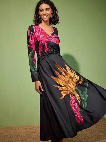 Felipe Marques Vestido de manga larga ajustado con cuello en V profundo y pliegues con estampado floral, color negro, adecuado para fiestas, eventos, vacaciones y uso casual en otoño/invierno