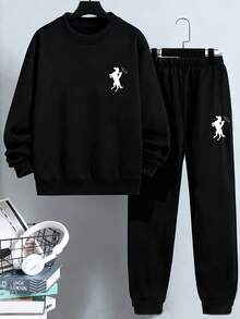 2pcs/Set Tween BoysEquestrian Silhouette Minimalist Crew Neck Sweatshirt And Long Sweatpants, Autumn/Winter