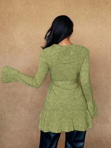 Islaluna Women's Basic Minimalist Elegant French Fashion Romantic Tie-Front Cardigan - Green - View 2