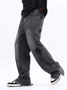 SUMWON Loose Fit Flare Carpenter Jeans With Applique Details And Frayed Hem For Relaxed Street Style Plain - Blue - View 1