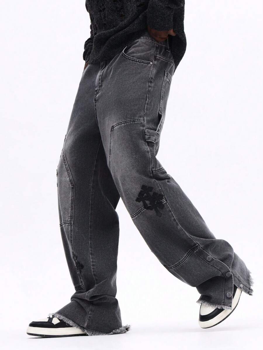 SUMWON Loose Fit Flare Carpenter Jeans With Applique Details And Frayed Hem For Relaxed Street Style Plain - Blue - View 1