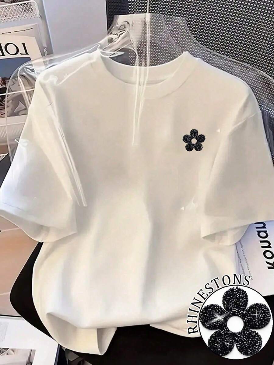Resyla Women's Casual Versatile Rhinestone Flower Decorated T-Shirt, Summer - White - View 1