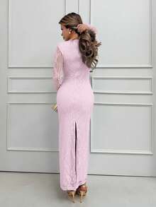 Jemour 女式新款夏季派对约会晚会性感S型蕾丝长袖胸罩鱼骨方领紧身黑色长裙 - 粉色 - 查看 2