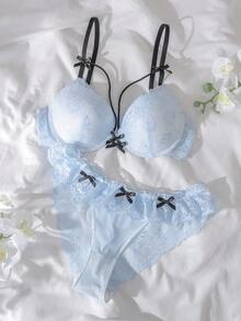 DelicateAllure 2件套钢圈模杯提拉丰满撞色蕾丝拼接荷叶边花卉蕾丝可爱清新舒适半罩杯文胸套装