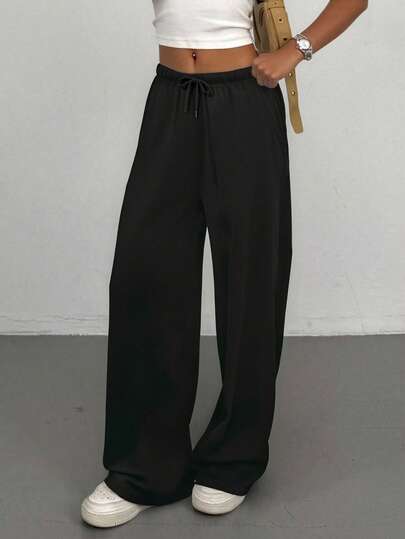 SHEIN Tween Girl Summer Simple Front Tie Loose Sweatpants, Casual Daily Wear Wide Leg Sweatpants Comfy Pants Black Baggy Pants Lounge Pants Loose Pants