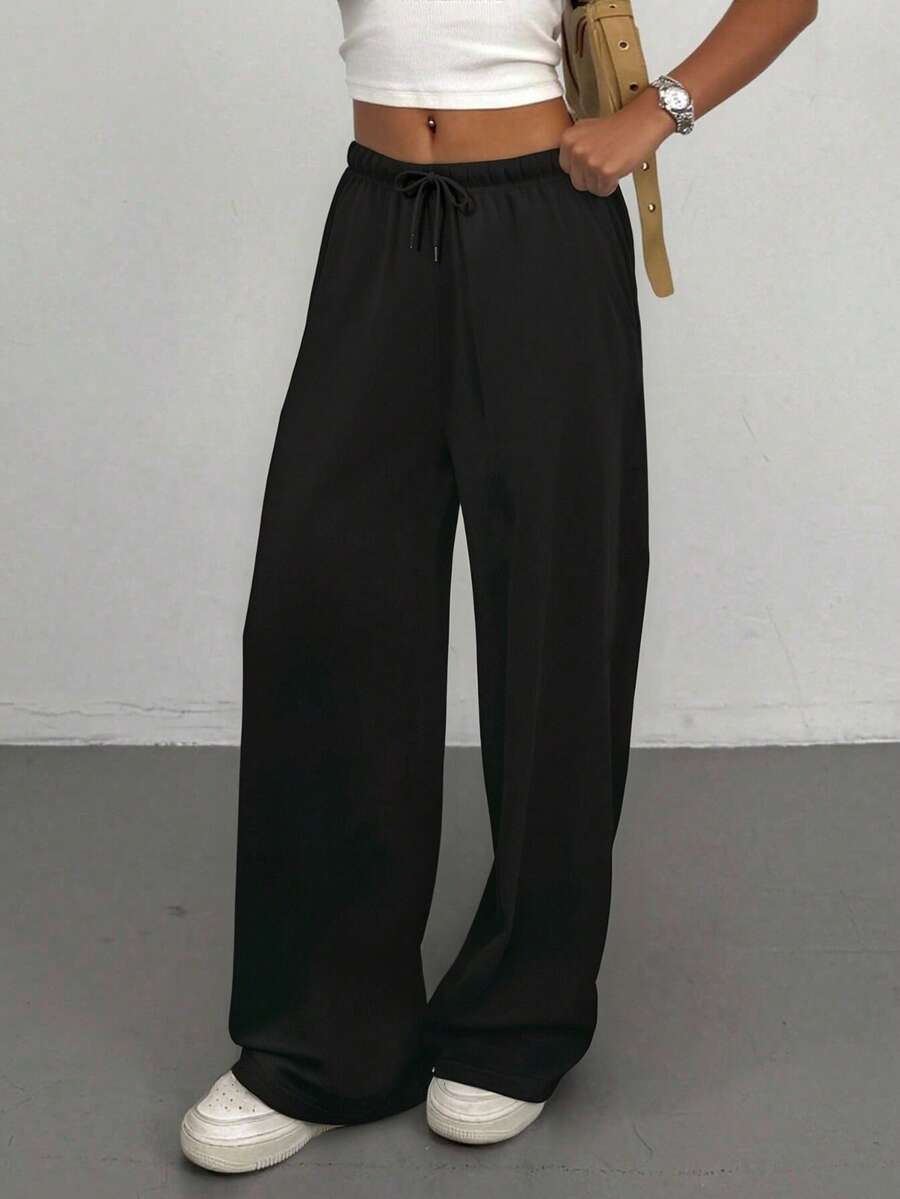 SHEIN Tween Girl Summer Simple Front Tie Loose Sweatpants, Casual Daily Wear Wide Leg Sweatpants Comfy Pants Black Baggy Pants Lounge Pants Loose Pants - Black - View 1