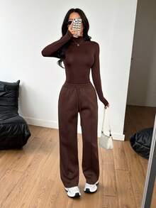 SHEIN PETITE 2pcs Women Casual Solid Color Stand Collar Fitted Long Sleeve T-Shirt & Drawstring Waist Straight Pants Set, Suitable For Autumn/Winter - Brown - View 4